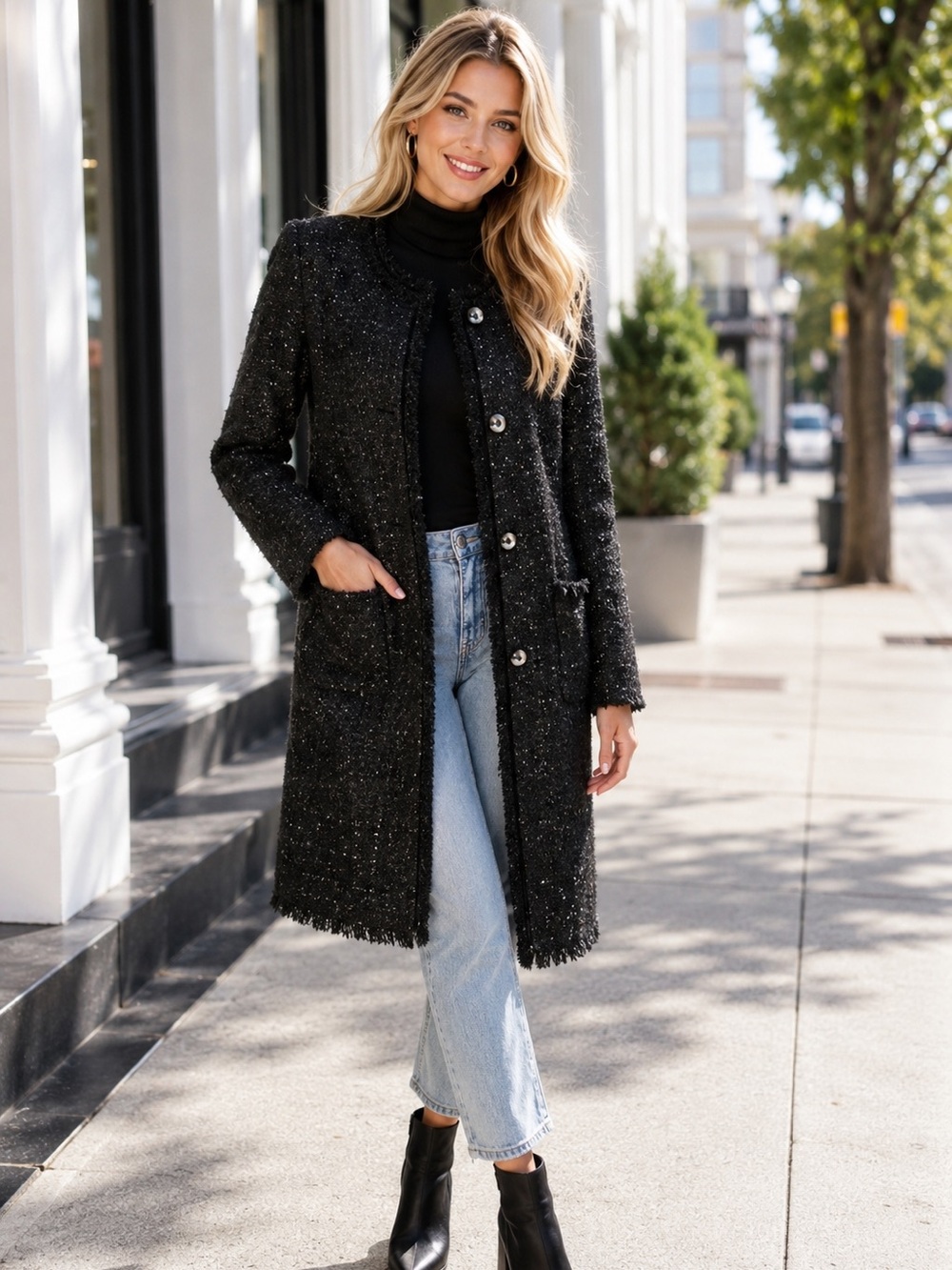 KATE SPADE NY •Rare• Black Sparkle Tweed Long Coat Dashing Beauty Size 14